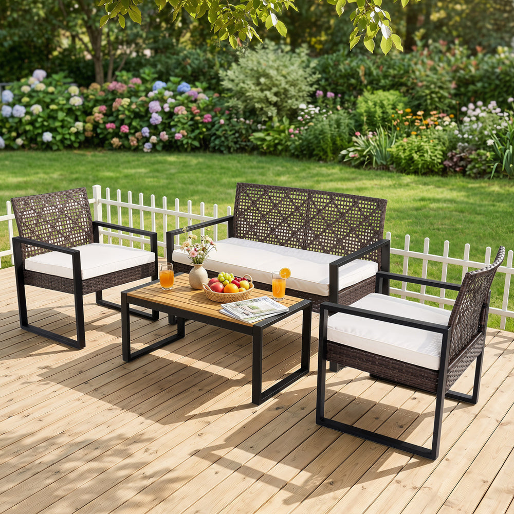 4-piece patio set featuring wicker chairs and an acacia coffee table, perfect for backyard relaxation and outdoor.