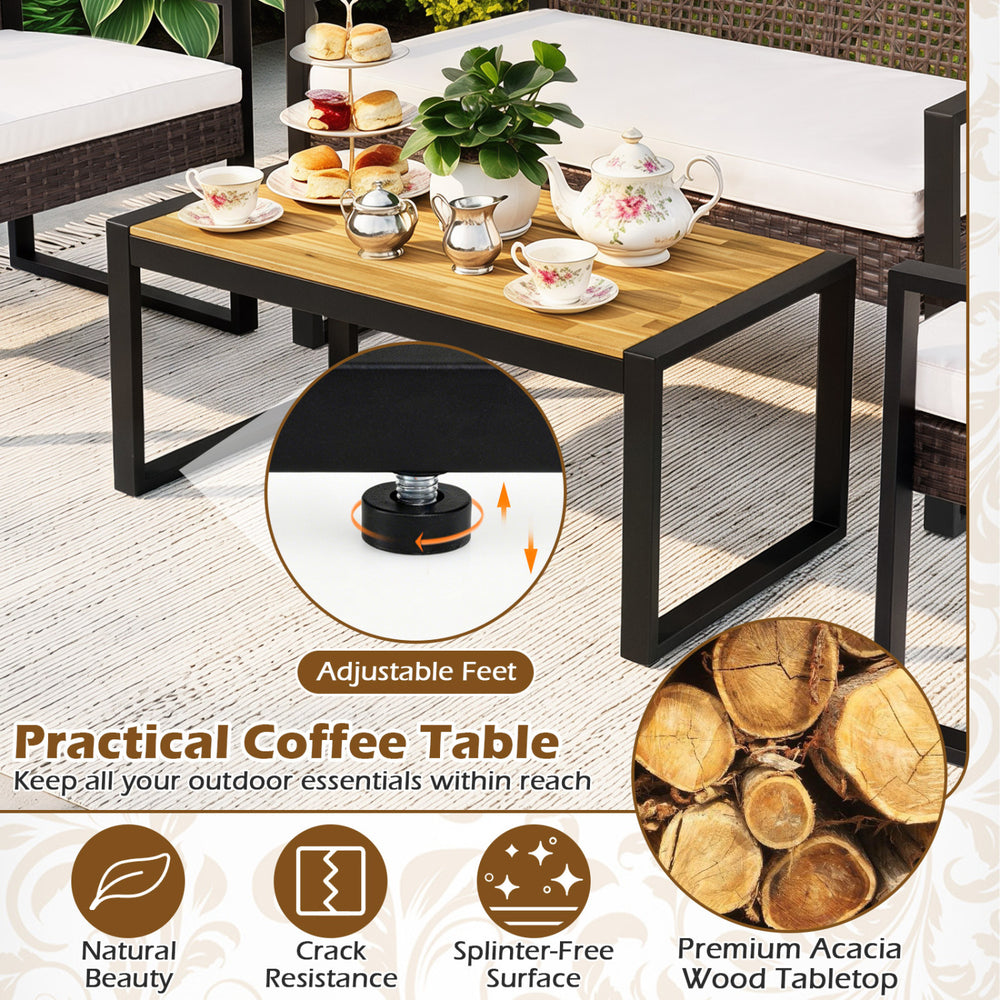 Acacia wood coffee table with adjustable feet, featuring a natural finish, perfect for outdoor patio use.