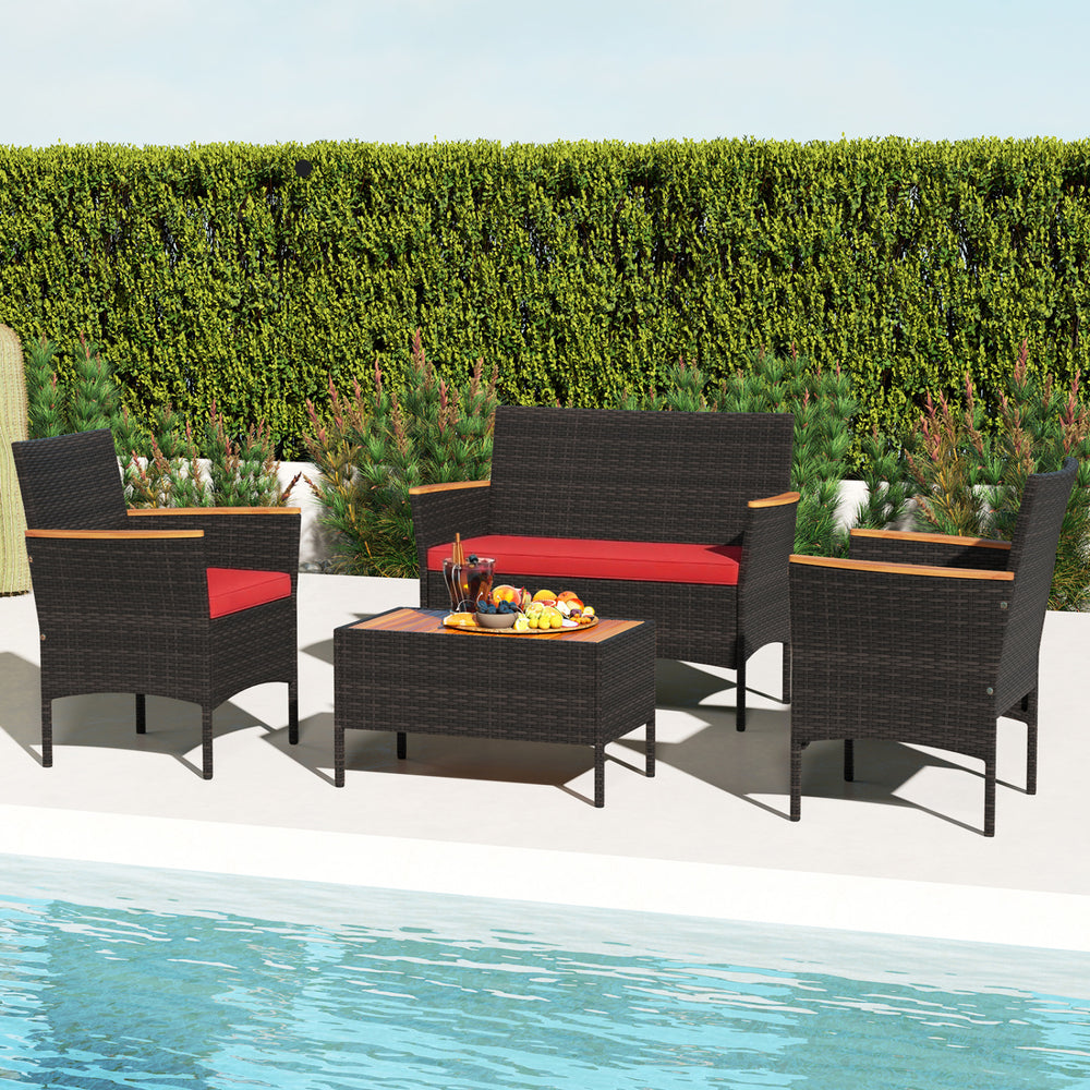 4 Piece Patio Wicker Sofa Set 2 Rattan Chairs and Loveseat with Table-Red - Gallery View 1 of 12