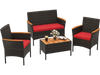 4-piece patio wicker sofa set featuring red cushions, acacia wood accents, and a coffee table, perfect for outdoor.