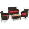 4-piece patio wicker sofa set featuring red cushions, acacia wood armrests, and a stylish coffee table for outdoor.
