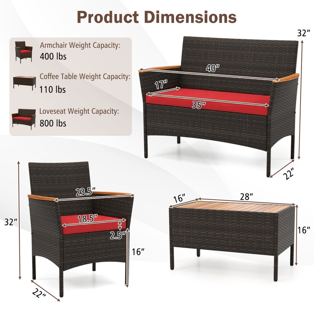 Product dimensions for 4 Piece Patio Wicker Sofa Set, featuring armchair and loveseat measurements for outdoor use.