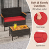 Red cushion loveseat from a 4-piece patio wicker sofa set with acacia wood armrests, ideal for outdoor relaxation.