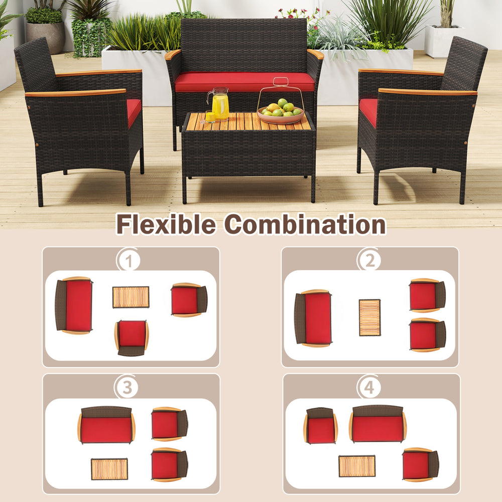 4-piece patio wicker sofa set featuring 2 rattan chairs and a loveseat with red cushions, ideal for outdoor relaxation.