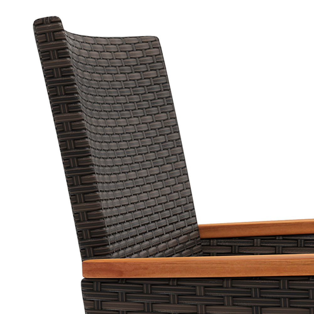 Close-up of the PE rattan texture on a patio chair with acacia wood armrests, ideal for outdoor relaxation.