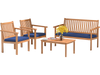 Acacia wood armchairs with navy cushions, designed for outdoor comfort and style in backyard or porch settings.