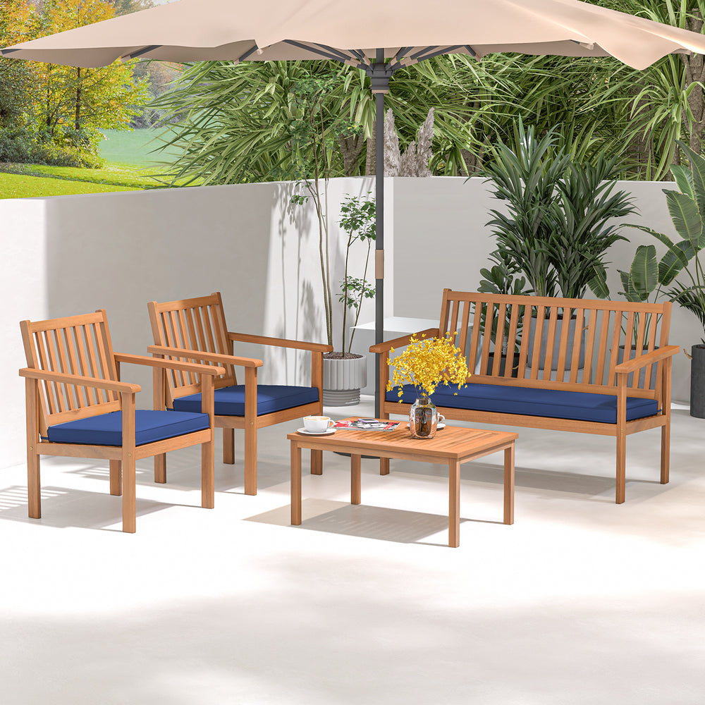 4 Piece Patio Wood Furniture Set Acacia Wood Sofa Set with Loveseat-Navy - Gallery View 1 of 10