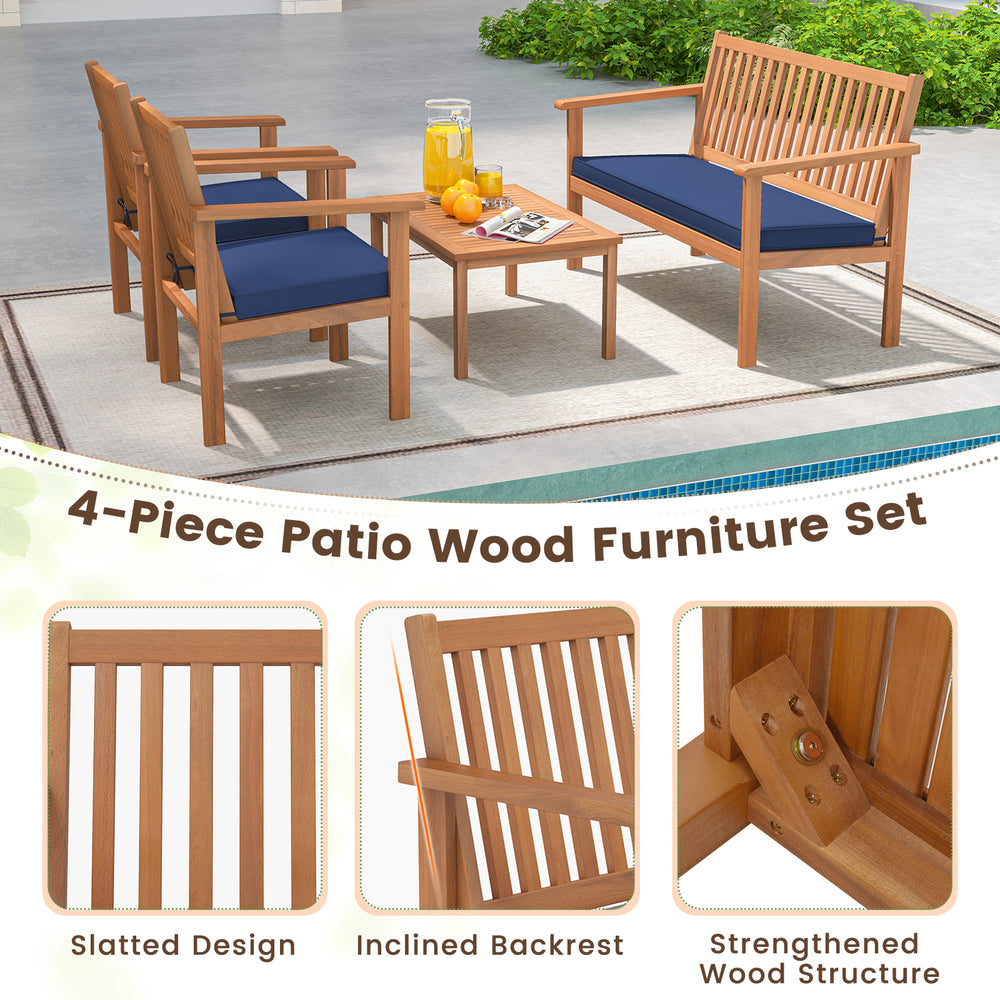 4-piece patio wood furniture set featuring acacia wood and navy cushions, ideal for backyard and poolside relaxation.