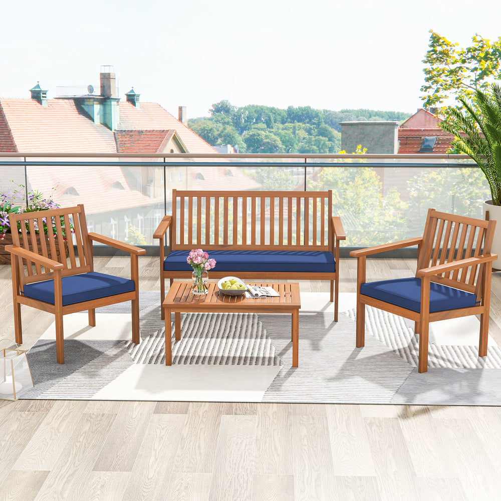 Navy cushioned armchairs from the acacia wood patio set, perfect for stylish comfort on your porch or balcony.