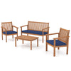 4-piece patio wood furniture set featuring acacia wood frame and navy cushions, ideal for backyard or poolside.
