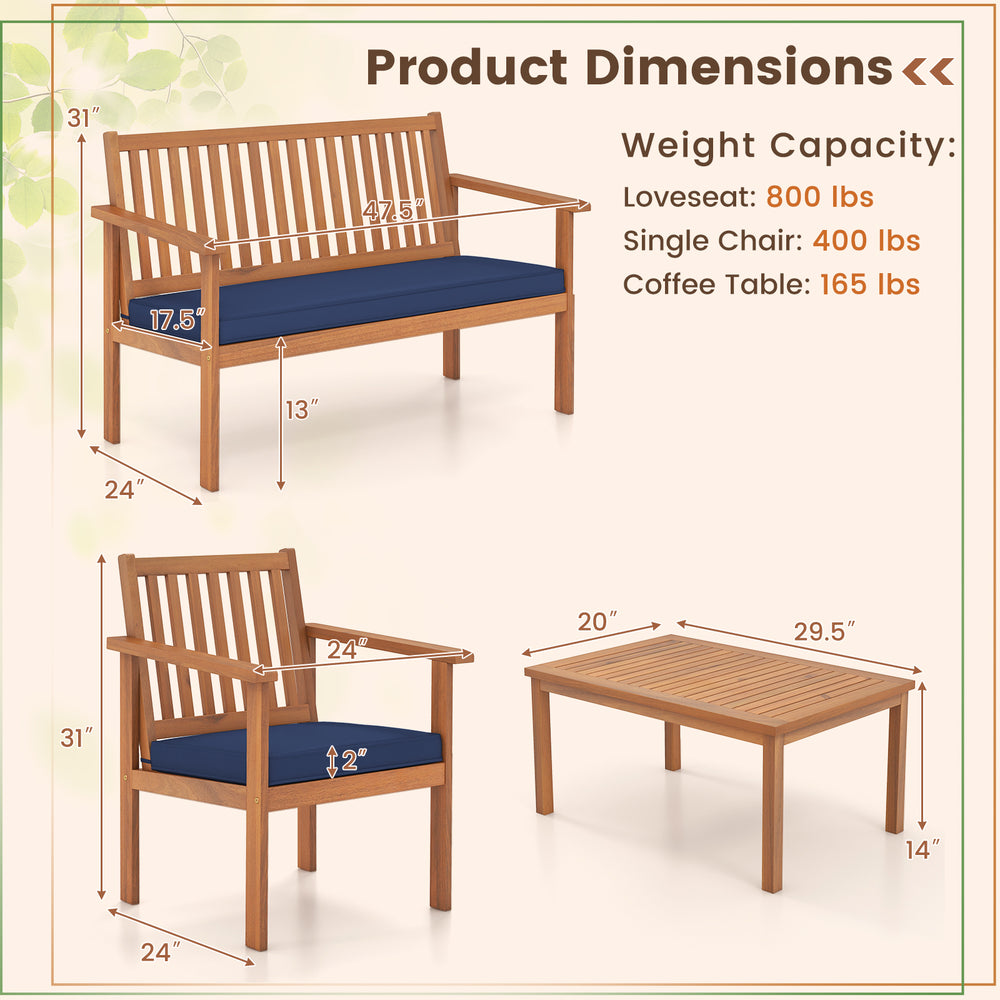 Product dimensions for the 4 Piece Patio Wood Furniture Set, featuring acacia wood loveseat and coffee table.