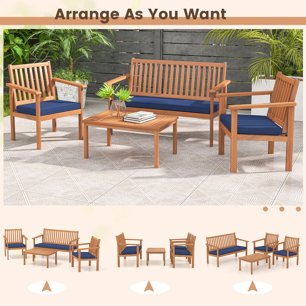 4-piece acacia wood patio furniture set with navy cushions, featuring a loveseat and customizable arrangement options.