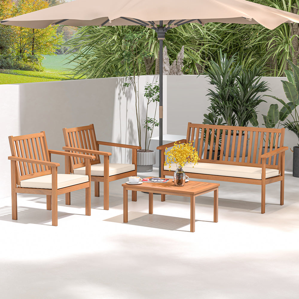 4 Piece Patio Wood Furniture Set Acacia Wood Sofa Set with Loveseat-Off White - Gallery View 1 of 10