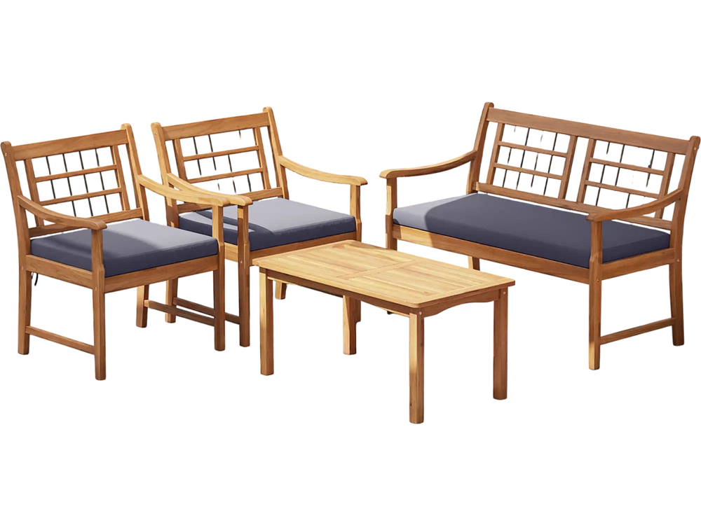 Gray cushion armchair from the 4 Piece Wood Patio Furniture set made of durable acacia wood, perfect for outdoor.