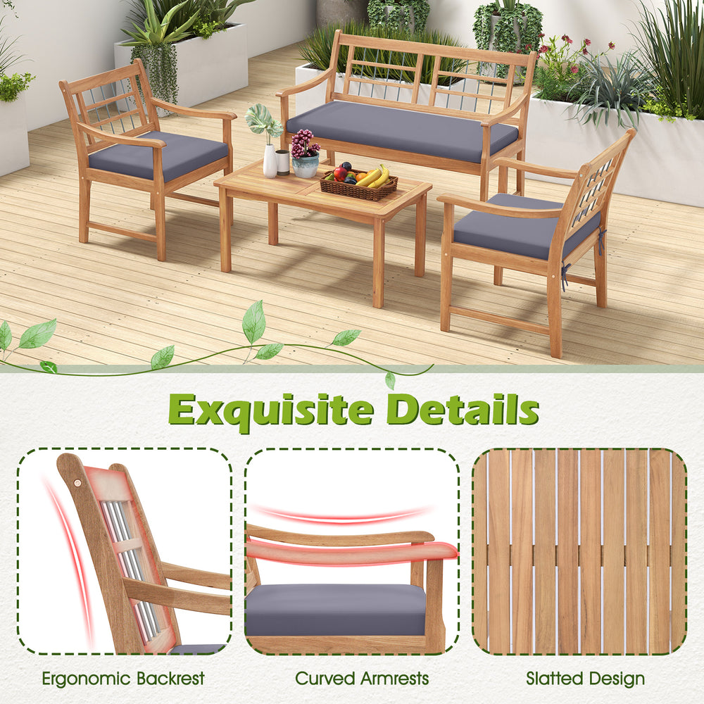 4-piece wood patio furniture set featuring ergonomic backrest, curved armrests, and slatted design for outdoor comfort.