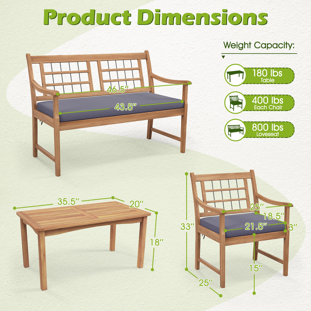 Dimensions of 4 Piece Wood Patio Furniture set including loveseat, armchairs, and coffee table for outdoor relaxation.