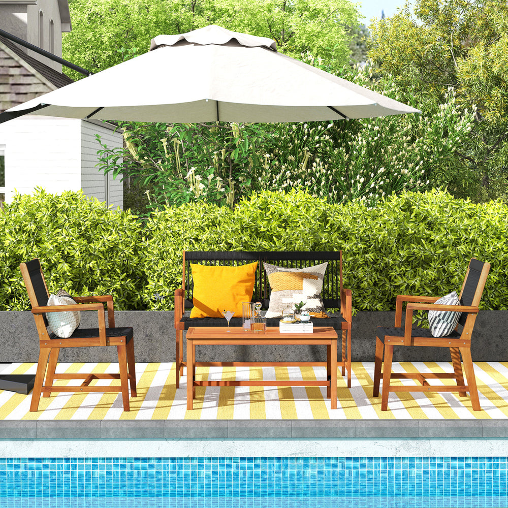4-piece acacia wood patio conversation set with hand-woven rope, ideal for poolside relaxation and outdoor gatherings.