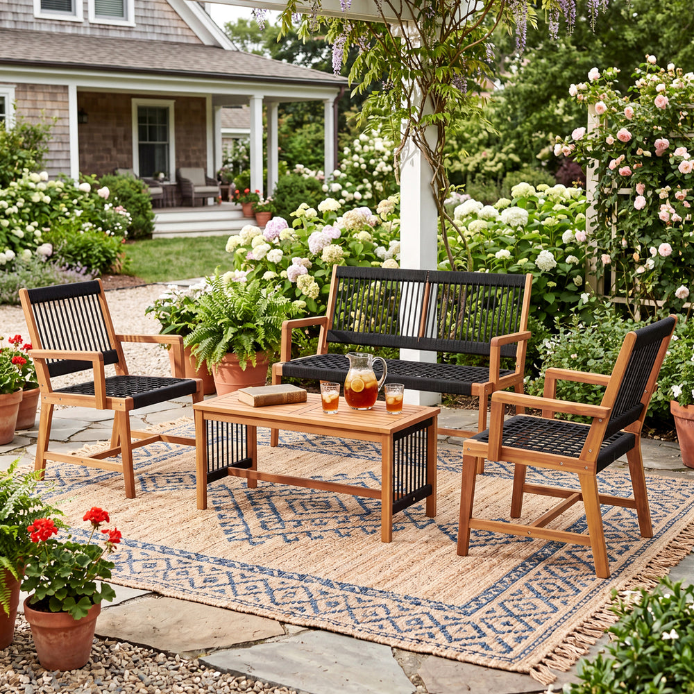4-piece acacia wood patio conversation set with hand-woven rope, ideal for backyard or poolside relaxation.