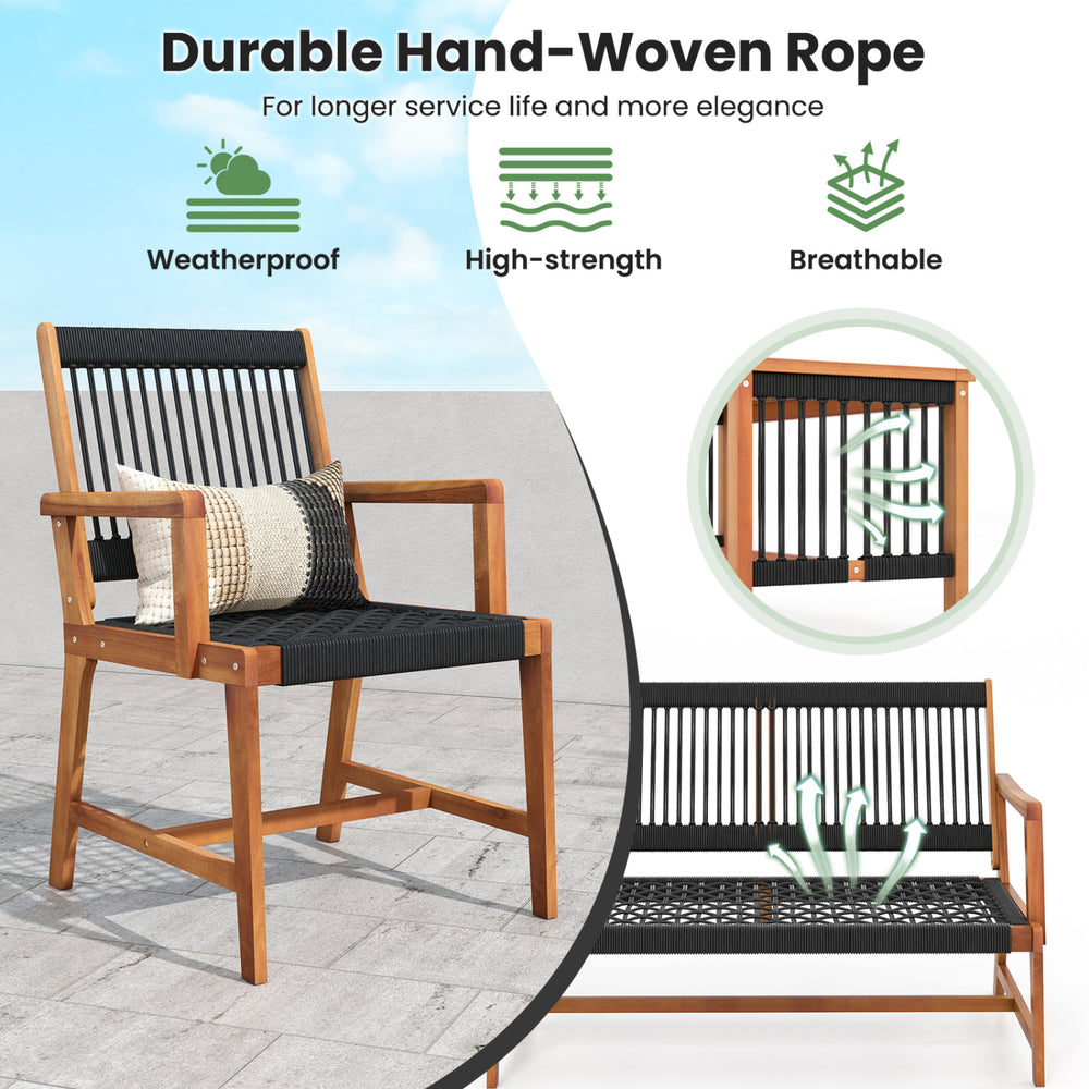 Hand-woven rope chair with acacia wood frame, featuring a comfortable backrest, ideal for backyard or poolside use.