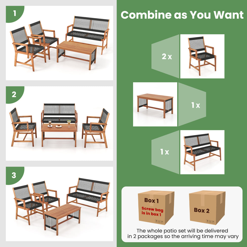 4-piece acacia wood patio conversation set with hand-woven rope, featuring a table and chairs for backyard relaxation.