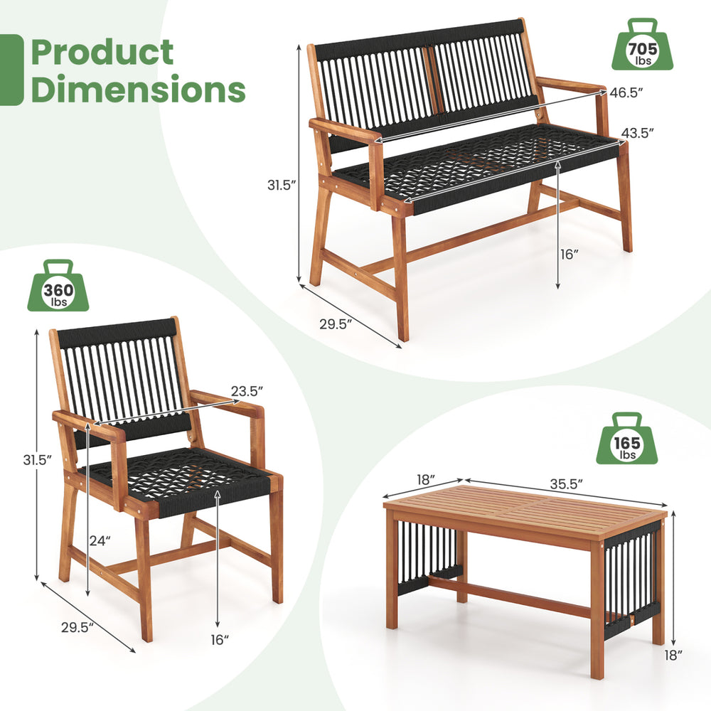 Acacia wood patio conversation set dimensions with hand-woven rope, ideal for backyard and poolside relaxation.