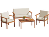 4-piece patio furniture set featuring acacia wood chairs and table with white cushions, perfect for poolside relaxation.