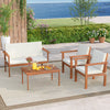 Acacia wood armchair with white cushion, designed for comfort and style in outdoor patio settings.