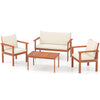 4-piece patio furniture set featuring acacia wood chairs and table with white cushions, ideal for outdoor relaxation.