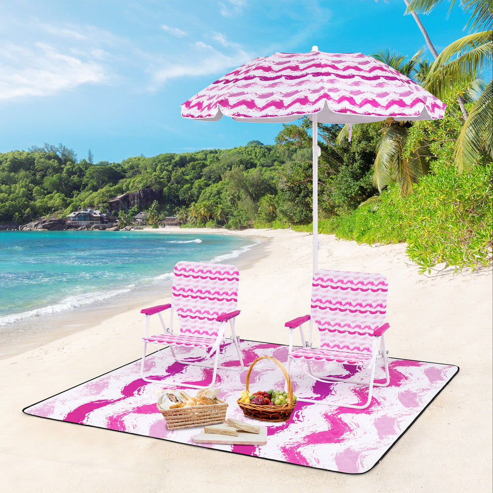 Beach umbrella set featuring 2 foldable chairs and a pink picnic blanket, perfect for sun protection and outdoor.