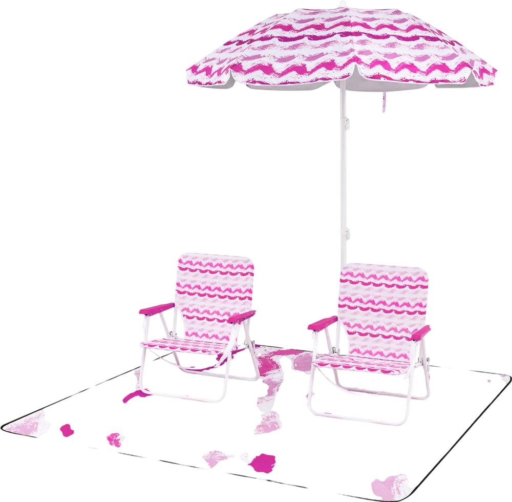 Beach umbrella set featuring 2 foldable chairs and a pink picnic blanket, ideal for sun protection and outdoor.