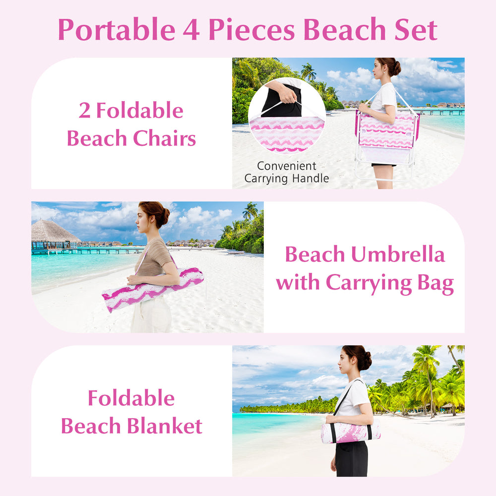 Portable 4 pieces beach set with pink umbrella, 2 foldable chairs, and a blanket for sun protection and comfort.