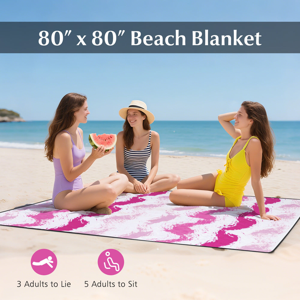 80" x 80" pink beach blanket suitable for 3 adults to lie or 5 adults to sit, perfect for beach outings.