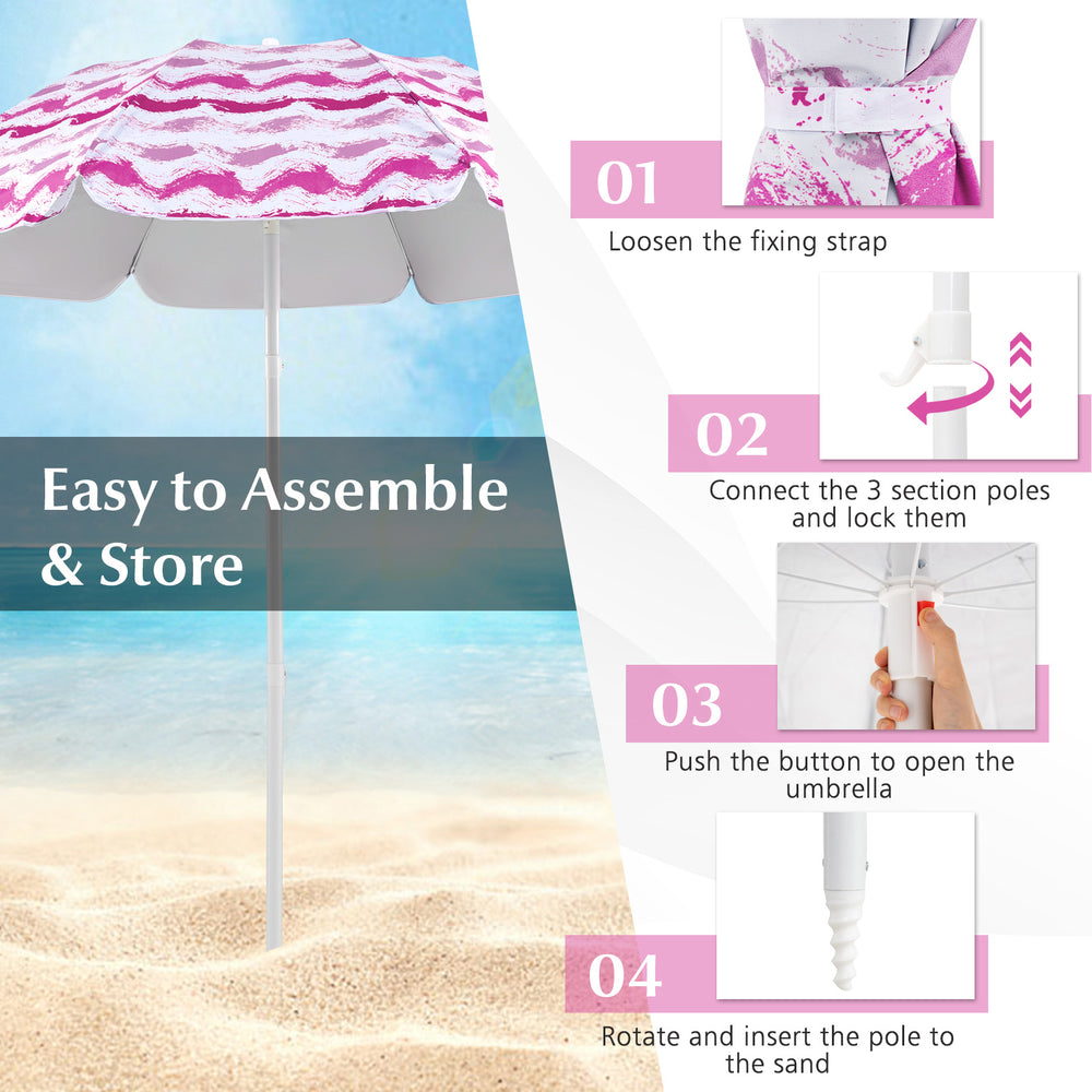 Beach umbrella set with pink canopy, 2 foldable chairs, and picnic blanket for sun protection and outdoor relaxation.