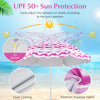 Beach umbrella set with pink canopy, UPF 50+ protection, includes 2 foldable chairs and picnic blanket for outdoor fun.