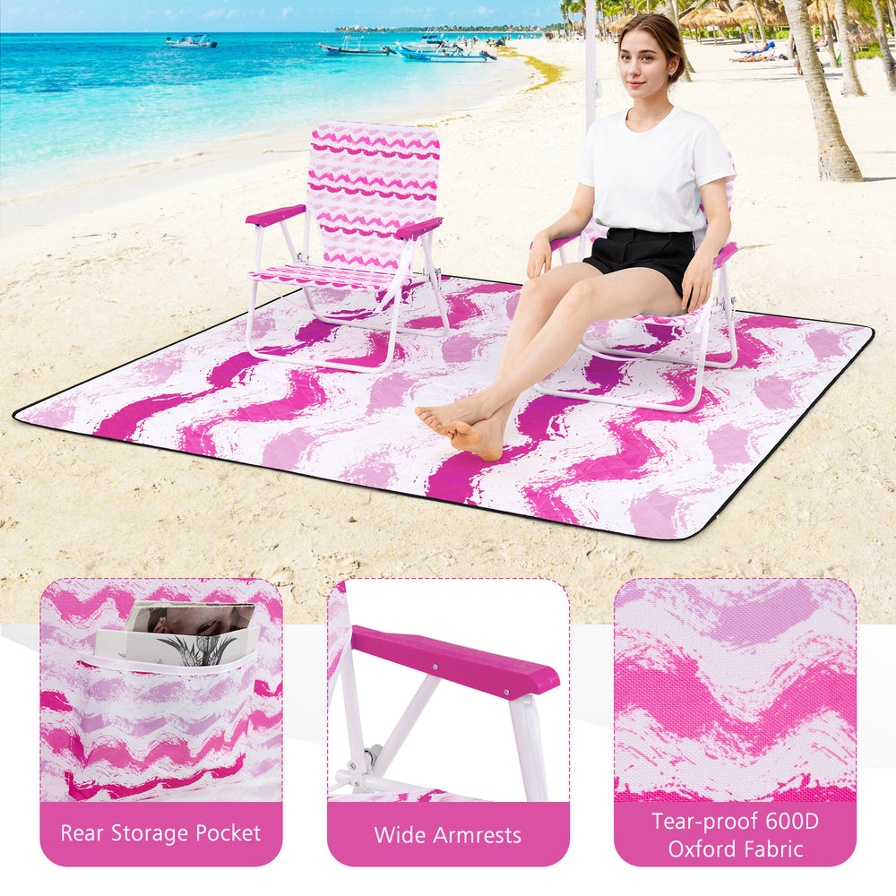 Foldable pink beach chairs with wide armrests and a tear-proof blanket, perfect for beach outings and sun protection.