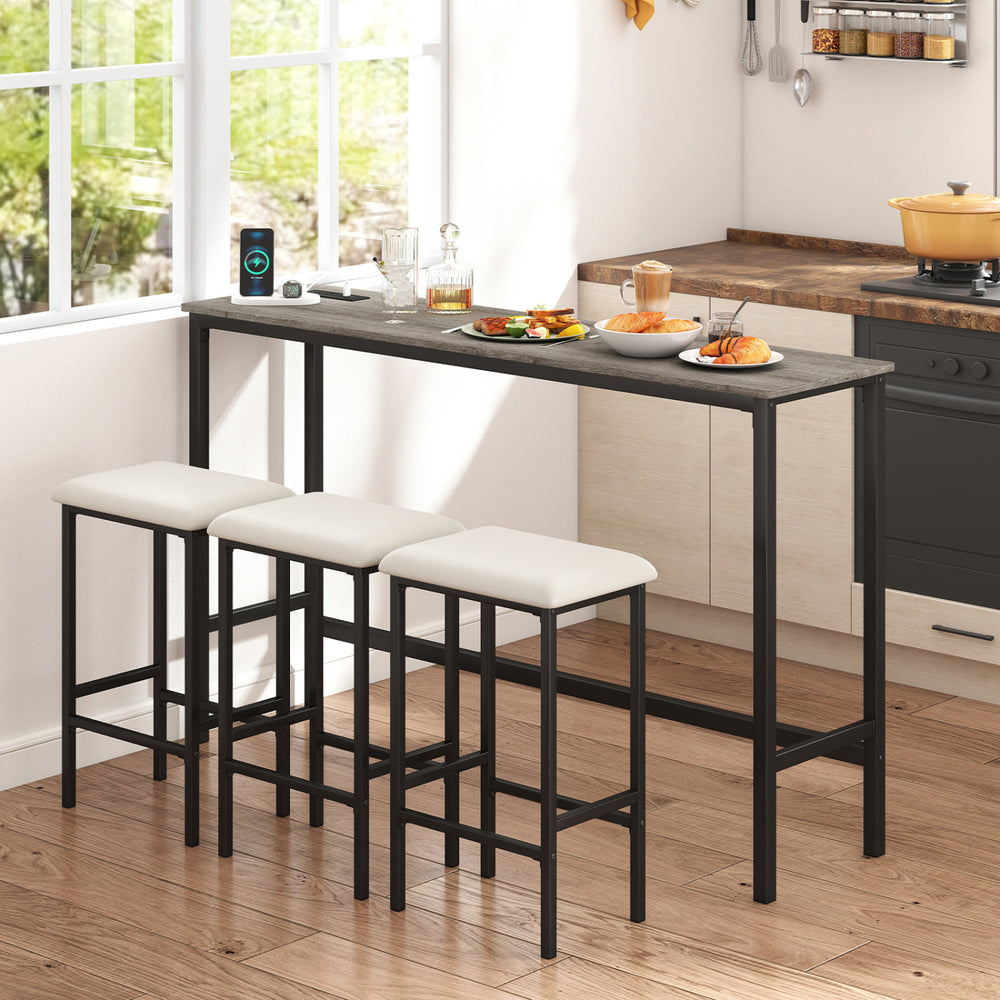 Counter height bar table with gray wood-like surface and three padded stools, ideal for kitchen or breakfast nook.