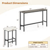 Counter height bar table with power outlet and three padded stools, featuring a rustic wood-like surface and sturdy.