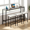 Counter height bar table with gray wood-like surface and three padded stools, ideal for kitchen island or breakfast.