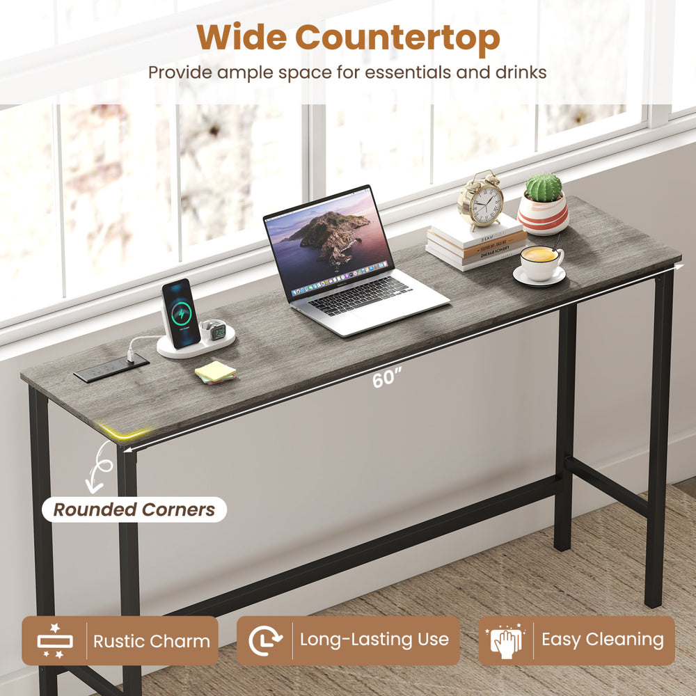 Wide 60" countertop bar table with rounded corners, gray wood-like surface, and built-in power outlets for easy.