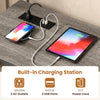 Counter height bar table set with 3 padded stools, gray wood-like surface, built-in charging station for convenience.