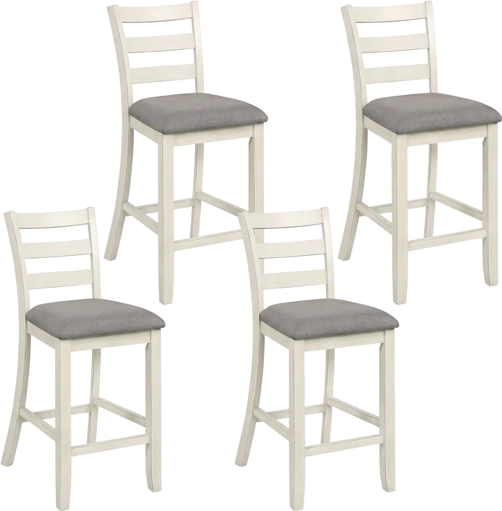 Set of four beige counter height chairs with fabric seats and rubber wood legs, perfect for dining and gatherings.