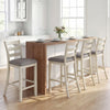 Counter height chairs in beige with fabric seats and rubber wood legs, ideal for family meals and gatherings.