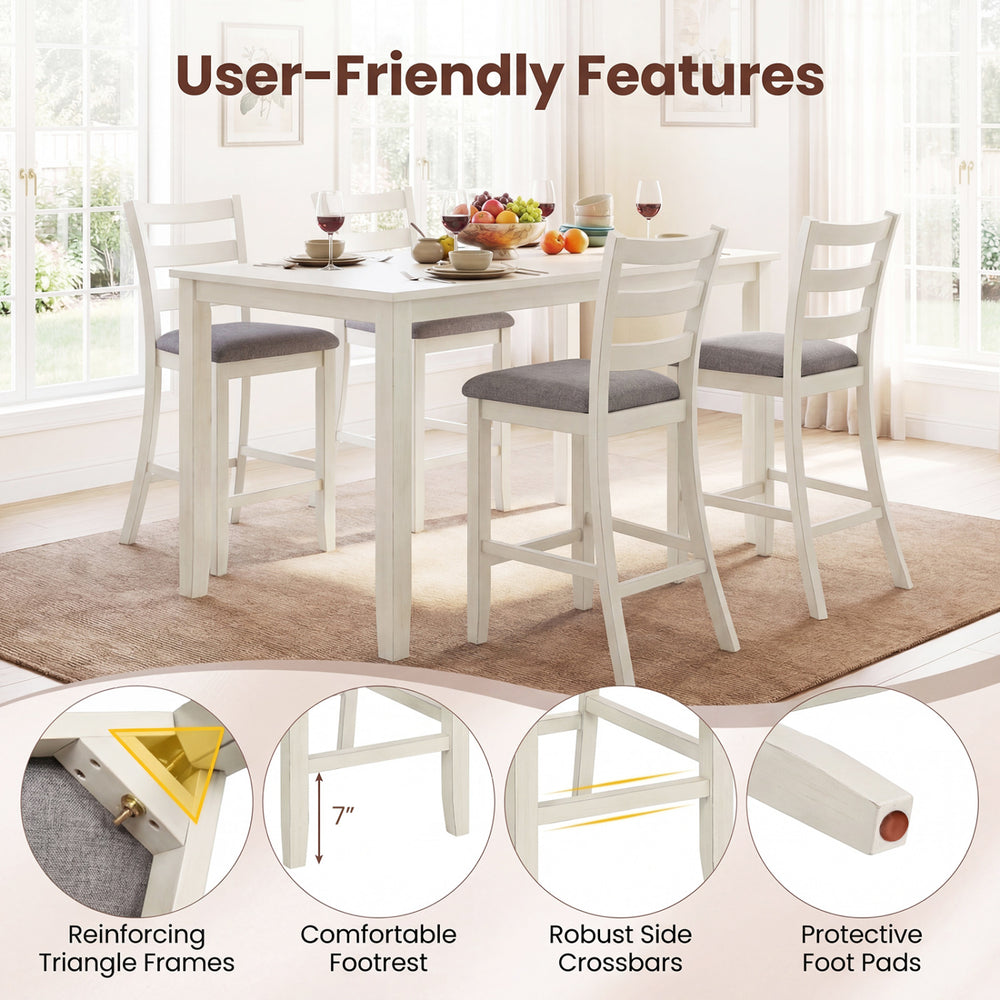 Counter height chairs with beige fabric seats and rubber wood legs, featuring a comfortable footrest for relaxed dining.