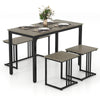 4-piece dining table set featuring an oak finish with a black metal frame, includes a table, bench, and 2 stools.