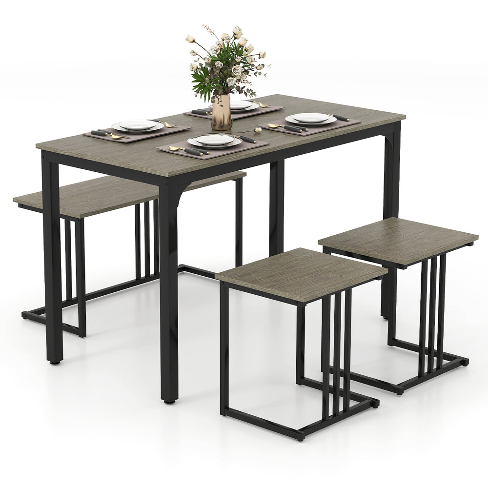 4-piece dining table set featuring an oak finish with a black metal frame, includes a table, bench, and 2 stools.