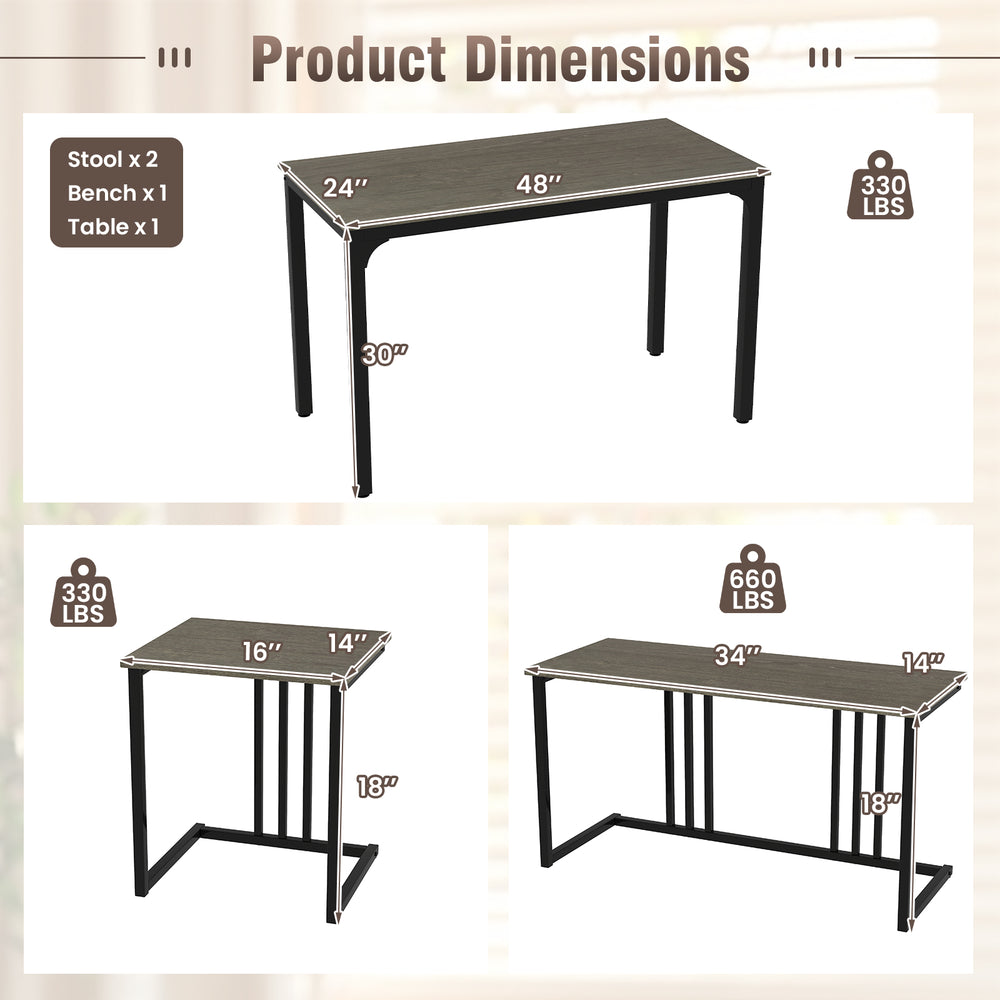 Dimensions of the 4-piece space-saving dining table set with oak finish, featuring a table, bench, and two stools.