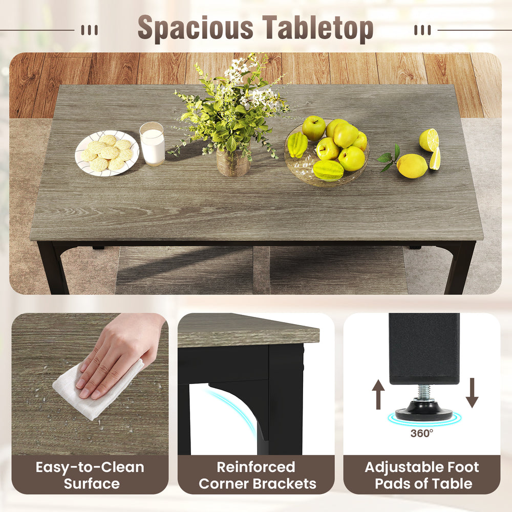 Spacious tabletop of the 4-piece dining set with oak finish, featuring easy-to-clean surface and adjustable footpads.