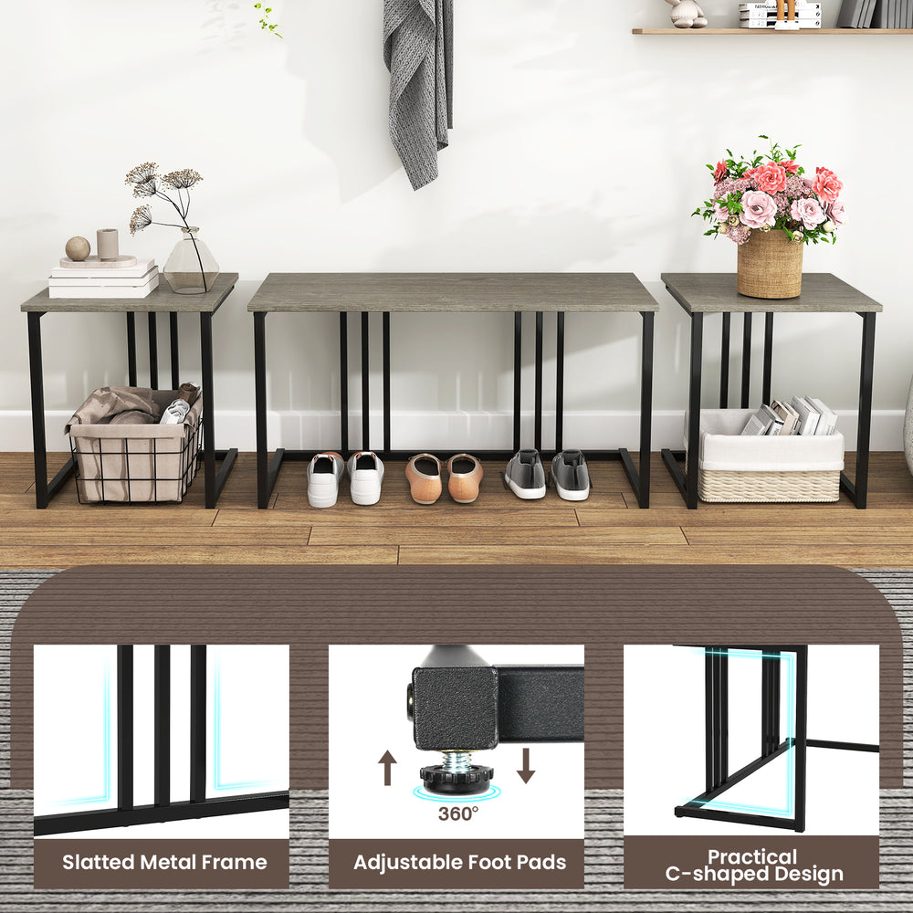 Space-saving dining table set with oak finish, featuring a sturdy metal frame, bench, and two stools for four persons.