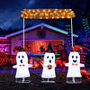 Four-piece Halloween decoration set featuring three LED-lit ghosts and a "Happy Halloween" sign for outdoor display.