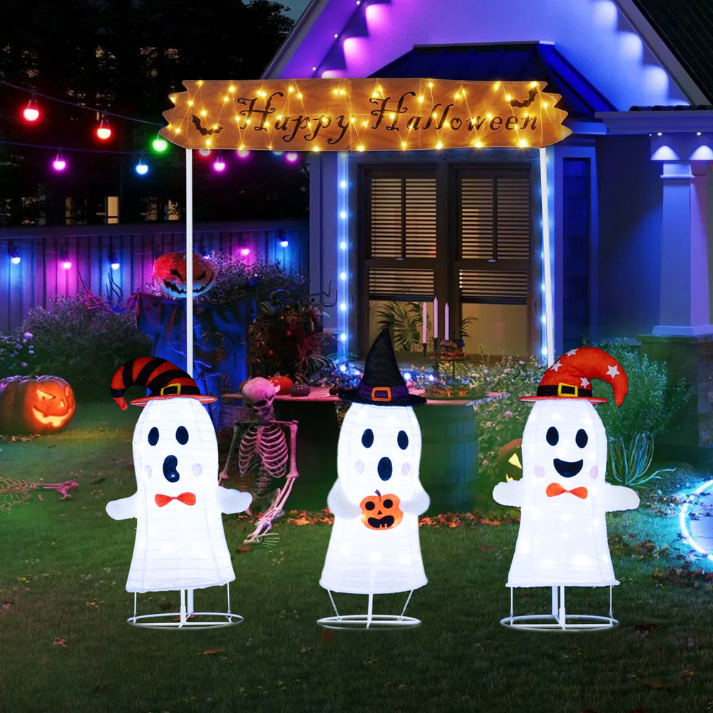 Three playful pop-up ghosts with LED lights and a "Happy Halloween" sign, perfect for outdoor Halloween decoration.